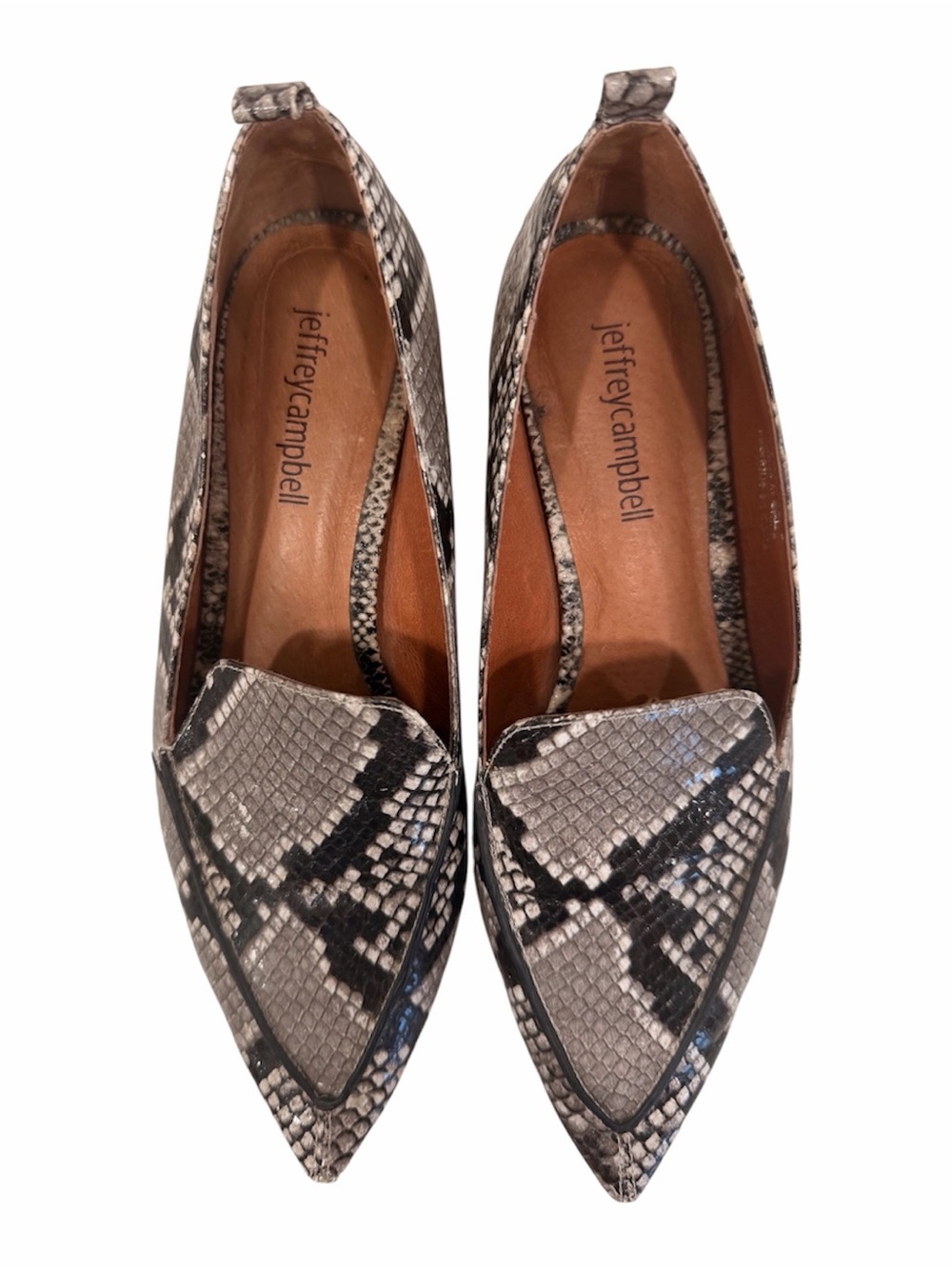 Jeffrey Campbell Womens Snake-Print Pointed Loafer Flats in Black and Gray